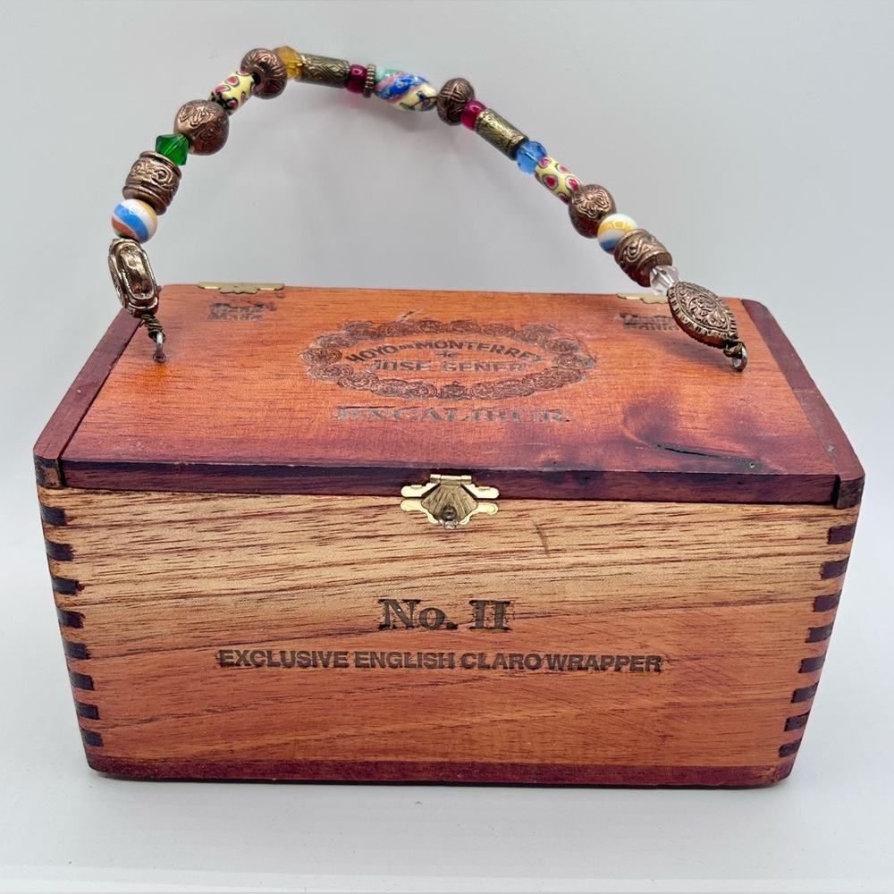 Vintage Wooden Cigar Box Purse Handmade Hoyo De Monterrey Square Beaded 7.5"